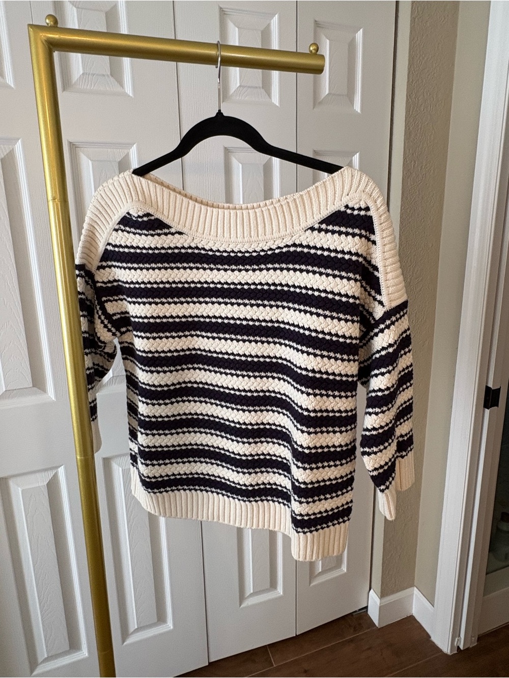 Boden Sweater Cotton Cream & Deep Navy Striped, 3/4 Sleeves Size M